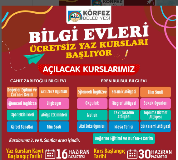 Körfez Belediyesi Bilgi Evlerinde Ücretsiz Yaz Kursları Başlıyor
